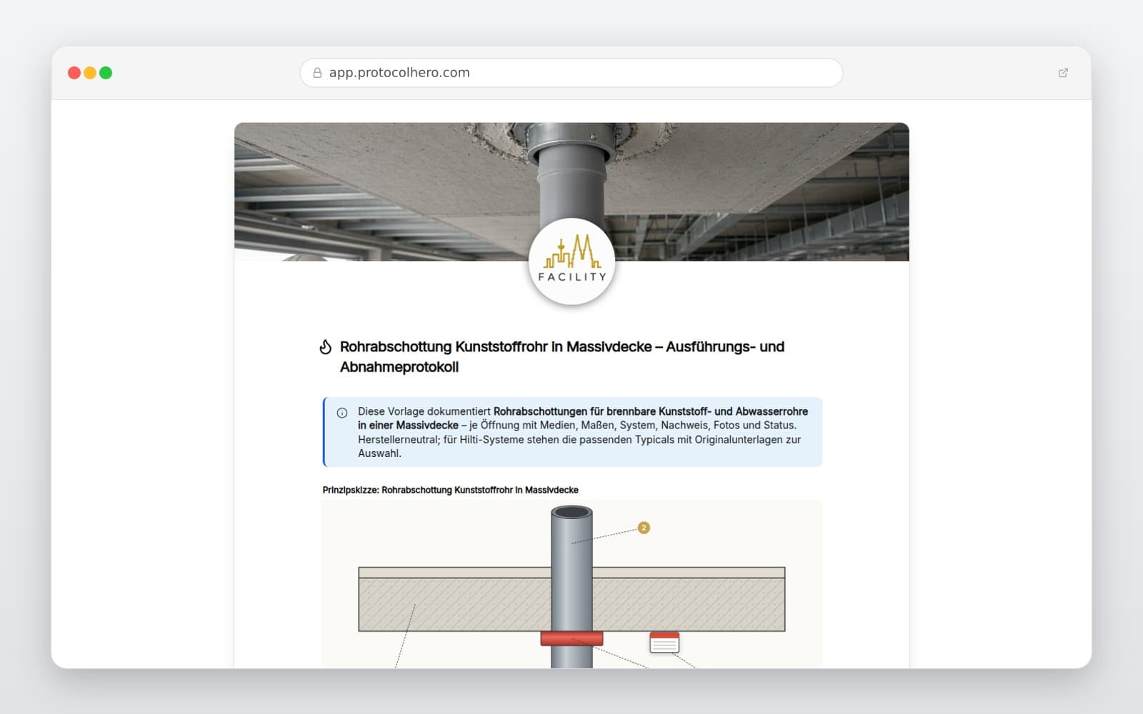 Vorschau der Vorlage „Rohrabschottung Kunststoffrohr in Massivdecke – Ausführungs- und Abnahmeprotokoll"