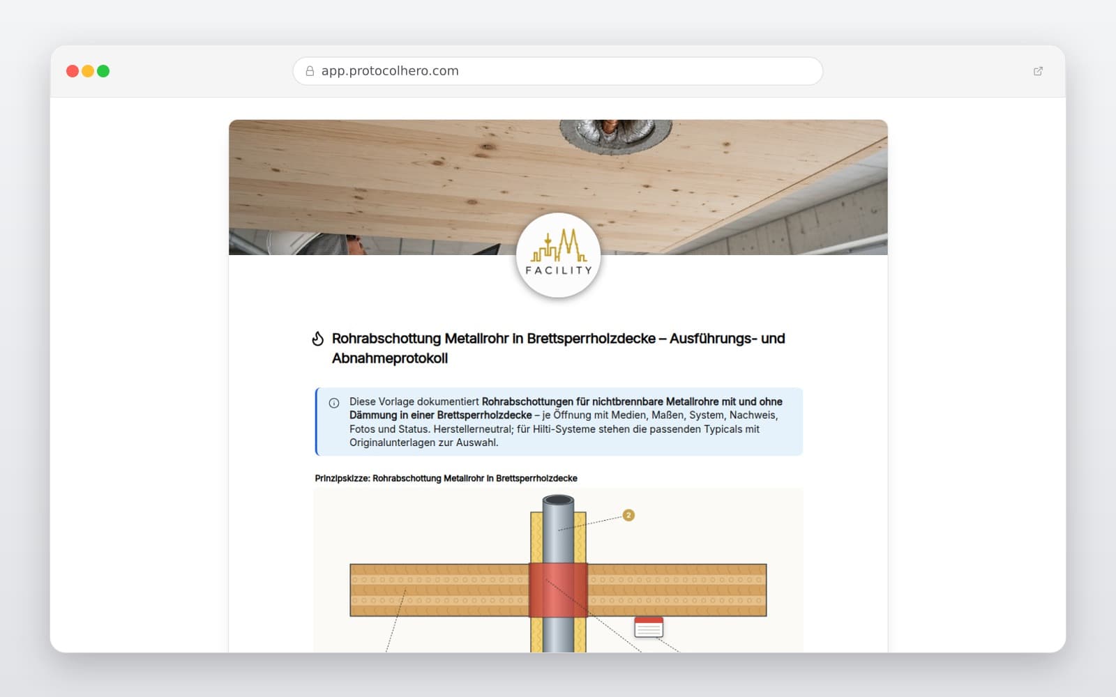 Vorschau der Vorlage „Rohrabschottung Metallrohr in Brettsperrholzdecke – Ausführungs- und Abnahmeprotokoll"