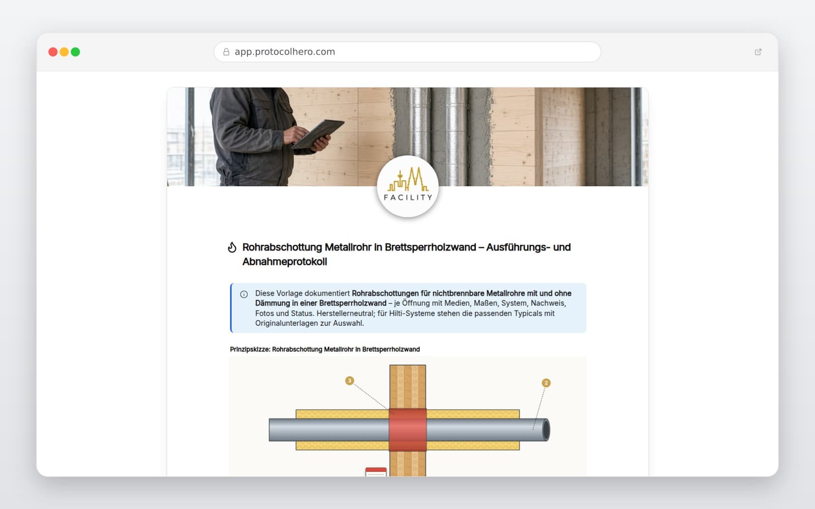 Vorschau der Vorlage „Rohrabschottung Metallrohr in Brettsperrholzwand – Ausführungs- und Abnahmeprotokoll"