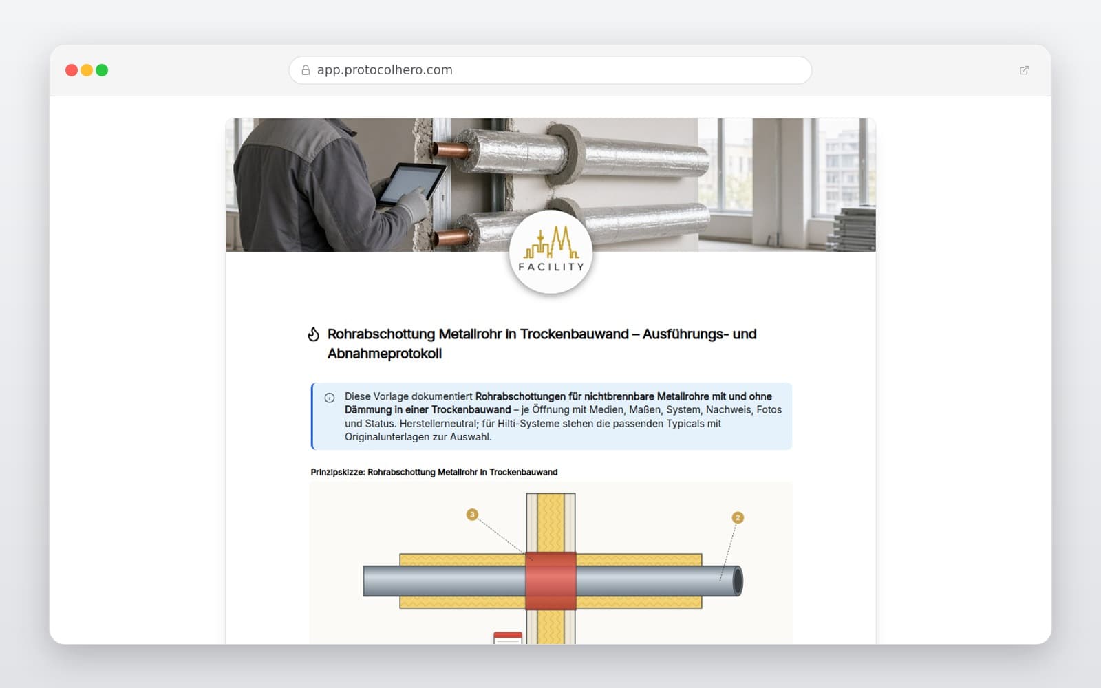 Vorschau der Vorlage „Rohrabschottung Metallrohr in Trockenbauwand – Ausführungs- und Abnahmeprotokoll"