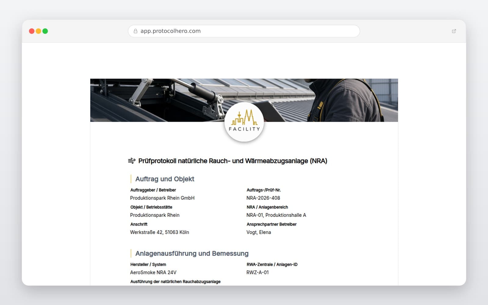Vorschau der Vorlage „RWA Prüfprotokoll Vorlage: Natürliche Rauchabzugsanlage (NRA) prüfen"
