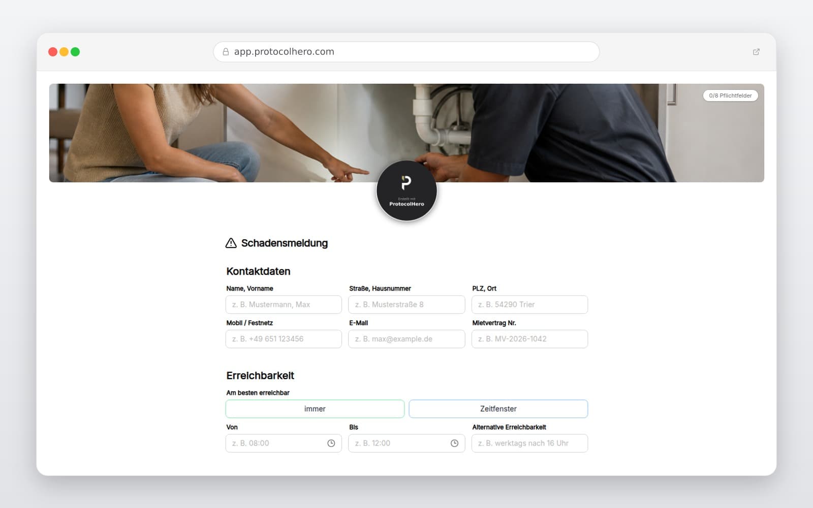 Vorschau der Vorlage „Schadensmeldung Wohnung Vorlage – Digitales Formular für Mieter & Hausverwaltung"