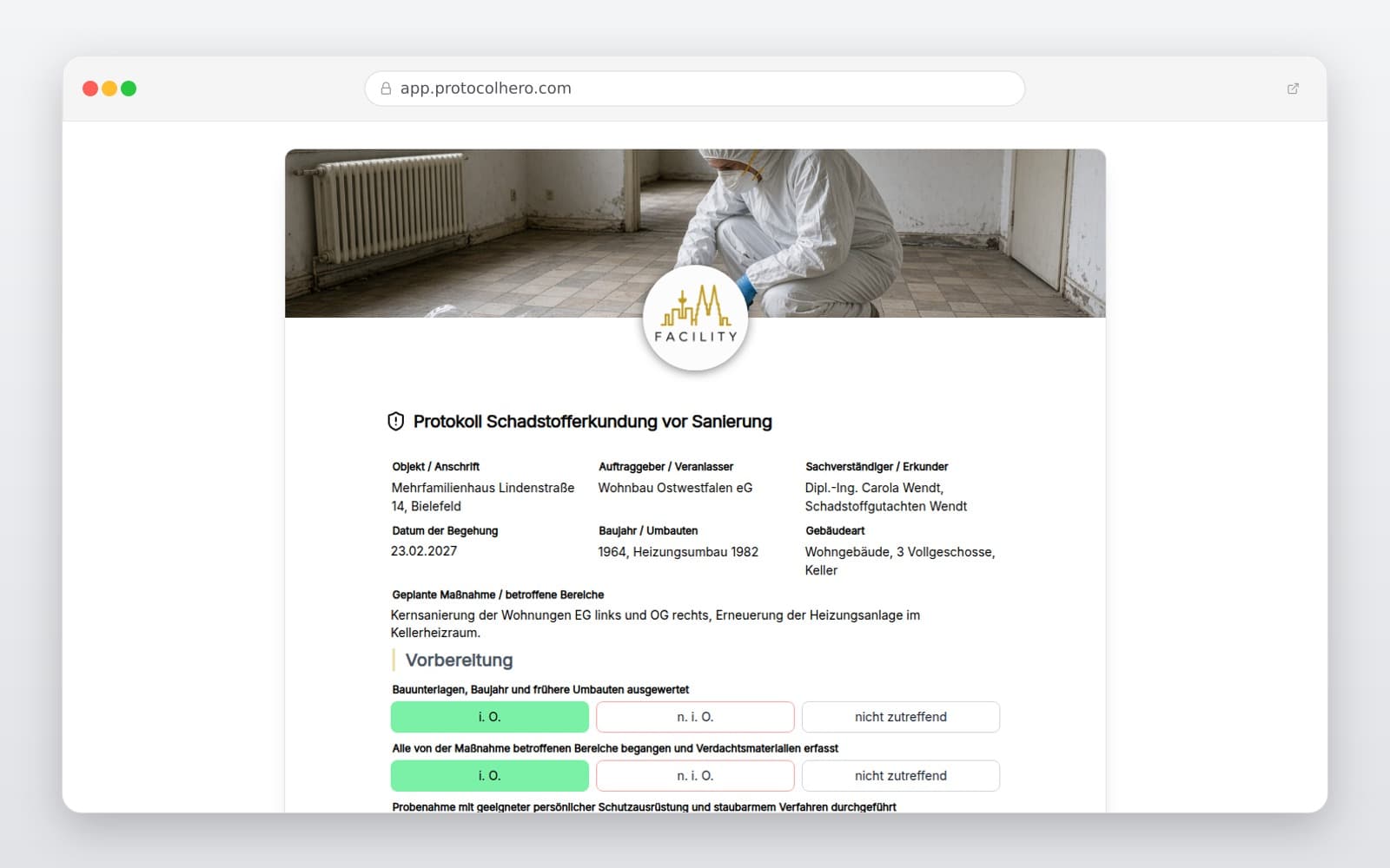 Vorschau der Vorlage „Protokoll Schadstofferkundung vor Sanierung"