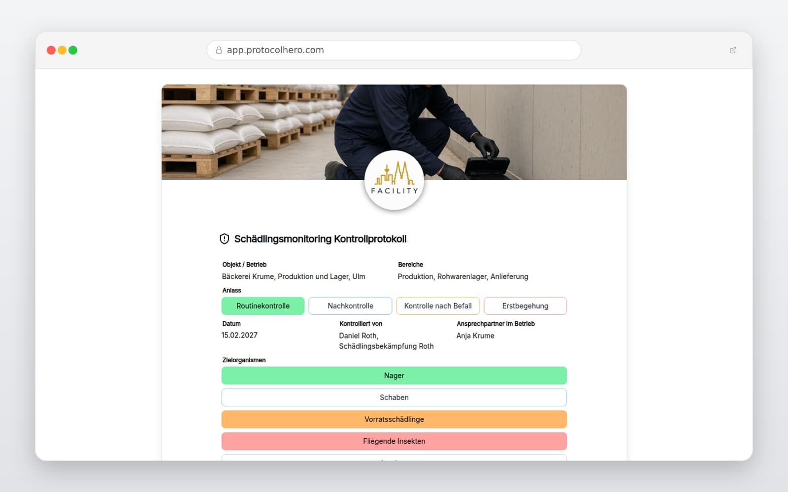 Vorschau der Vorlage „Schädlingsmonitoring Kontrollprotokoll"