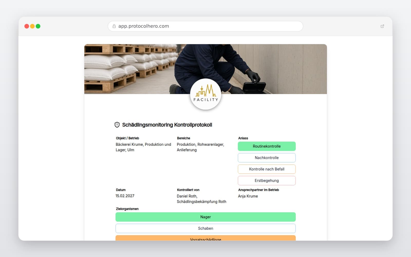 Vorschau der Vorlage „Schädlingsmonitoring Kontrollprotokoll"