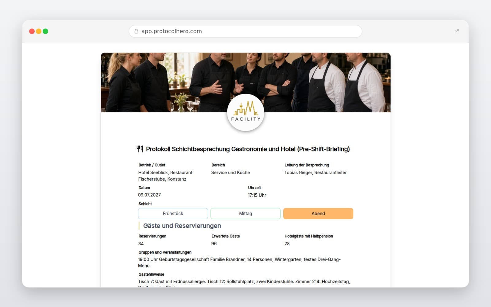 Vorschau der Vorlage „Protokoll Schichtbesprechung Gastronomie und Hotel (Pre-Shift-Briefing)"