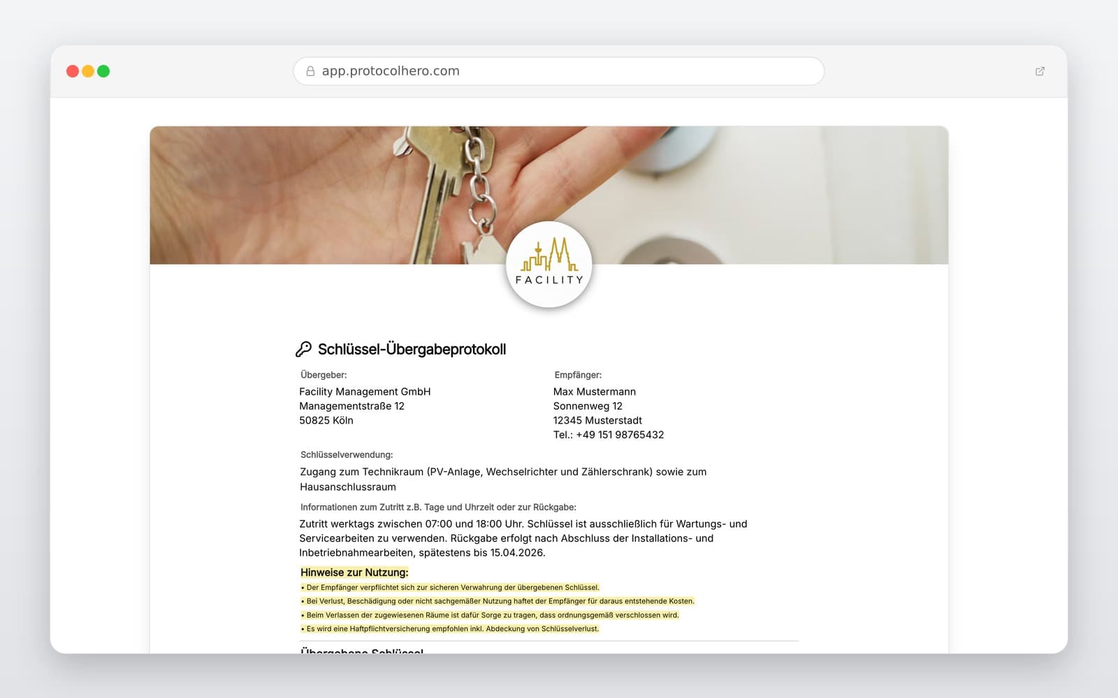 Vorschau der Vorlage „Schlüsselübergabeprotokoll Vorlage – Digitales Übergabeprotokoll für Vermieter & Unternehmen"
