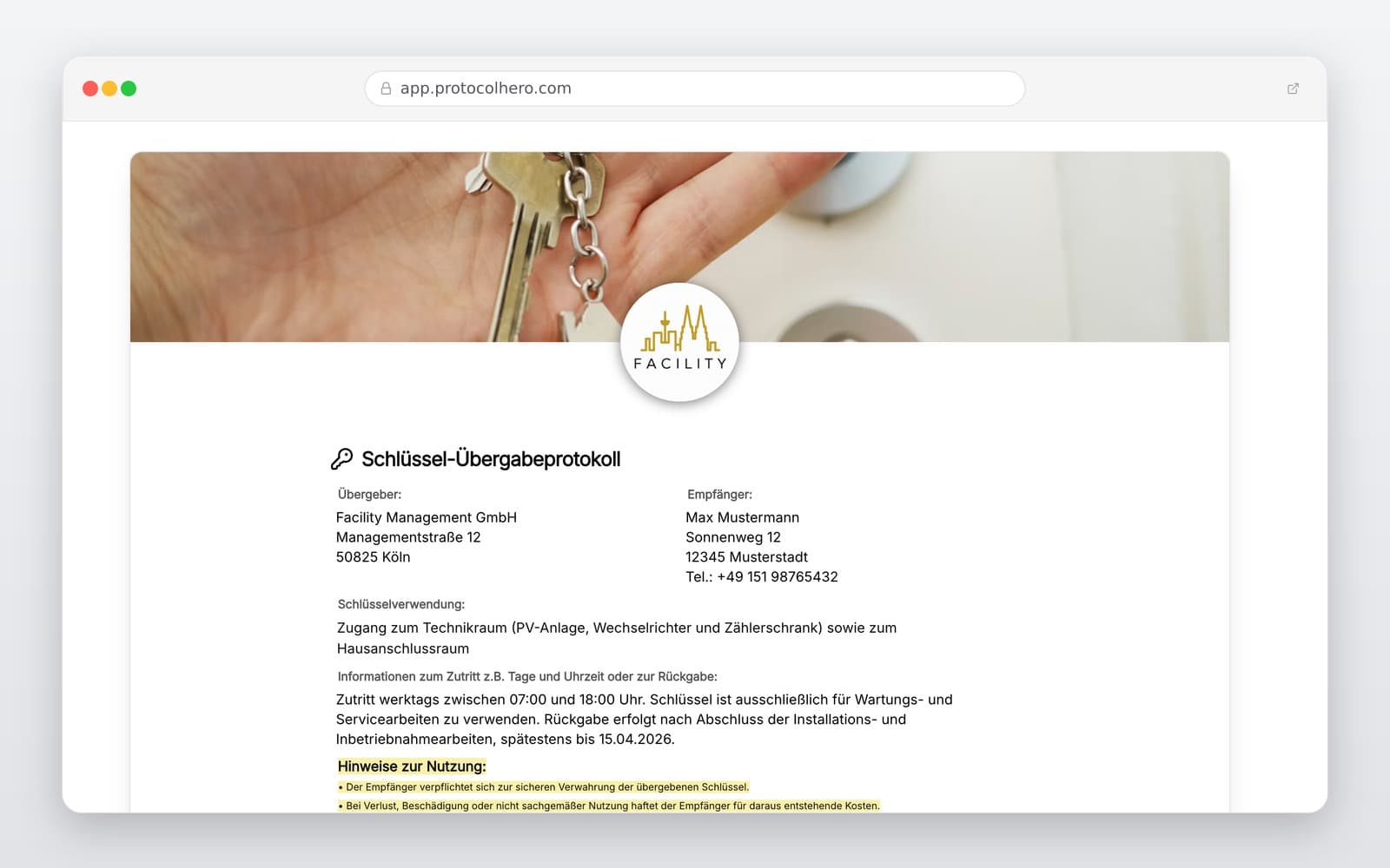 Vorschau der Vorlage „Schlüsselübergabeprotokoll Vorlage – Digitales Übergabeprotokoll für Vermieter & Unternehmen"
