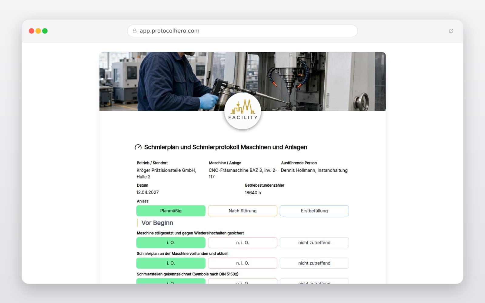 Vorschau der Vorlage „Schmierplan und Schmierprotokoll Maschinen und Anlagen"