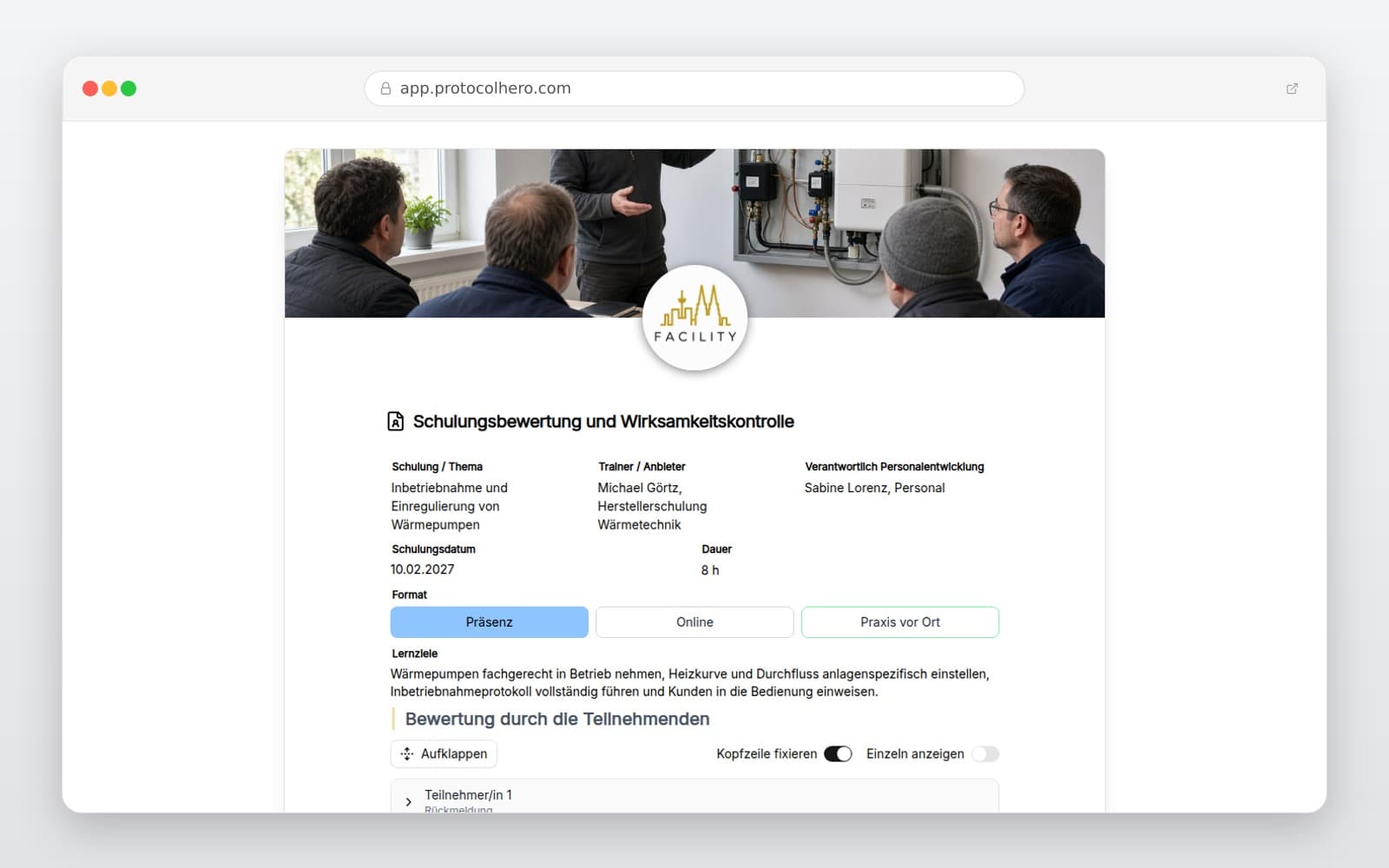 Vorschau der Vorlage „Schulungsbewertung und Wirksamkeitskontrolle"