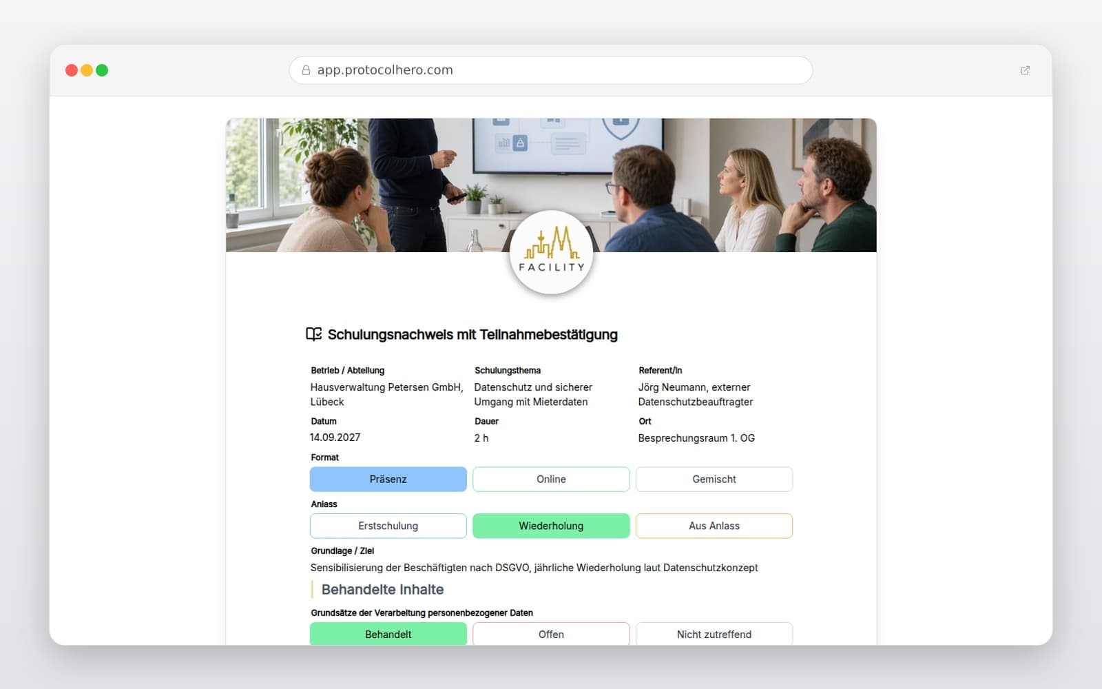 Vorschau der Vorlage „Schulungsnachweis mit Teilnahmebestätigung"