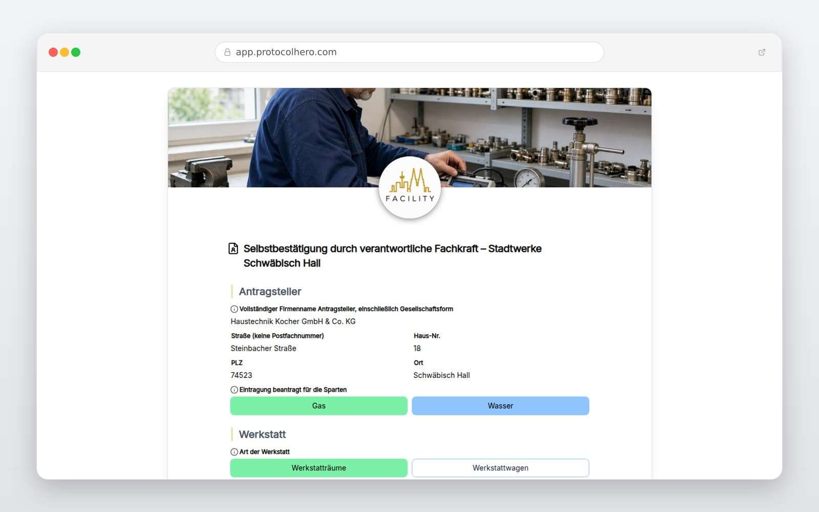 Vorschau der Vorlage „Selbstbestätigung durch verantwortliche Fachkraft – Stadtwerke Schwäbisch Hall"