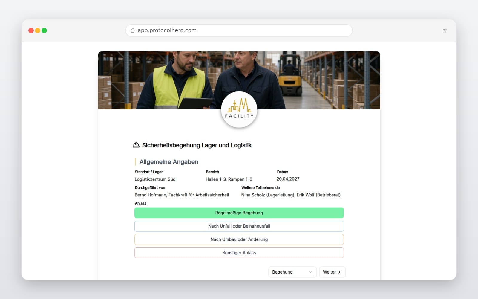 Vorschau der Vorlage „Sicherheitsbegehung Lager und Logistik"