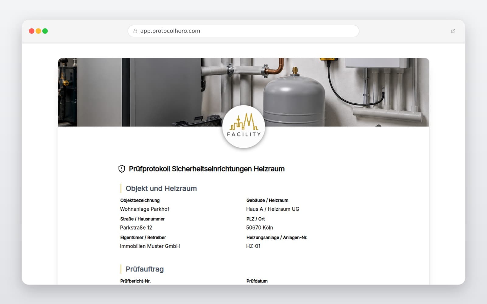 Vorschau der Vorlage „Prüfprotokoll für Sicherheitseinrichtungen im Heizraum"