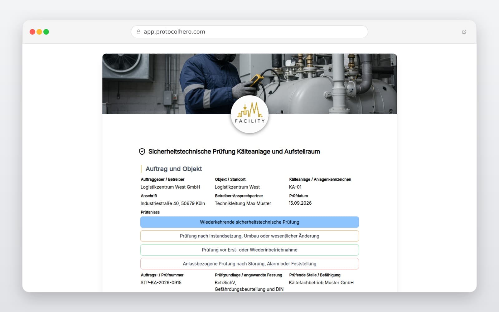 Vorschau der Vorlage „Sicherheitstechnische Prüfung Kälteanlage und Aufstellraum"