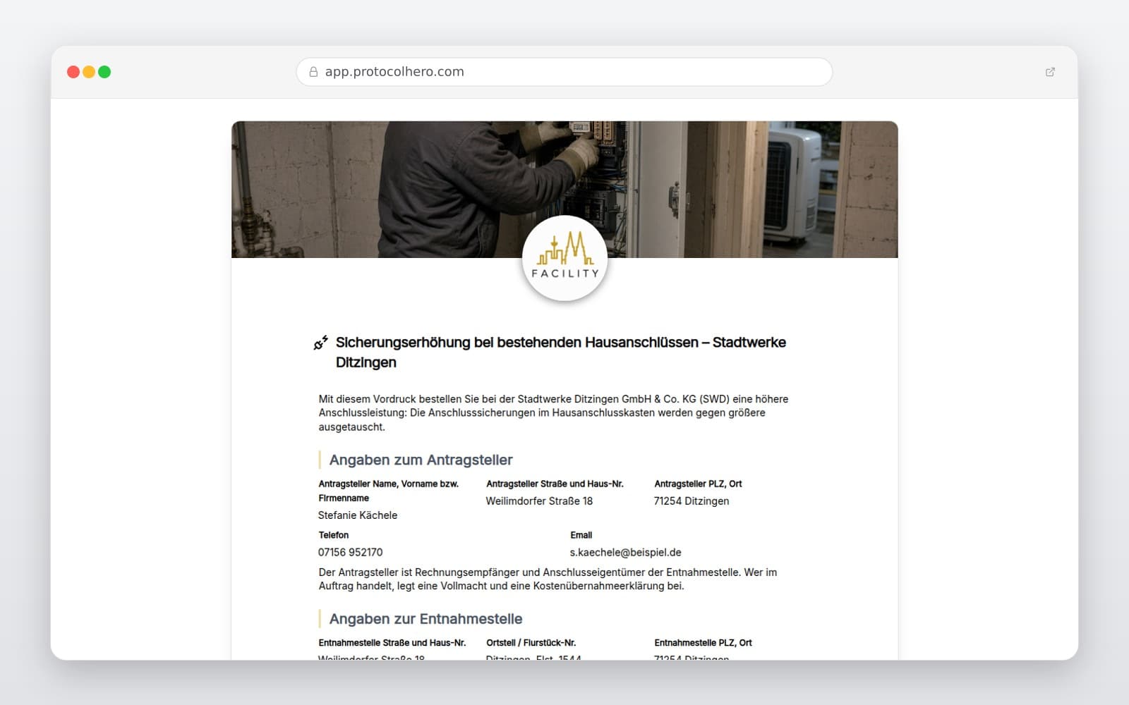 Vorschau der Vorlage „Sicherungserhöhung bei bestehenden Hausanschlüssen – Stadtwerke Ditzingen"