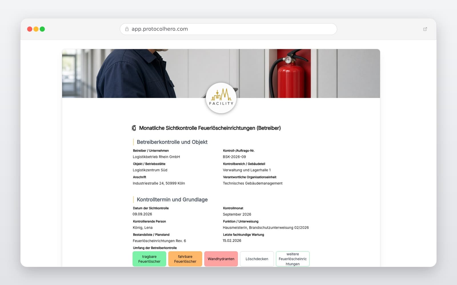Vorschau der Vorlage „Sichtkontrolle Feuerlöscher Checkliste – Vorlage für die Betreiberkontrolle"