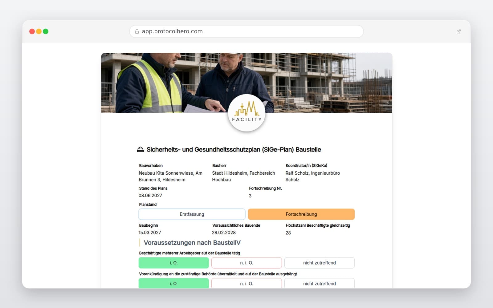 Vorschau der Vorlage „Sicherheits- und Gesundheitsschutzplan (SiGe-Plan) Baustelle"