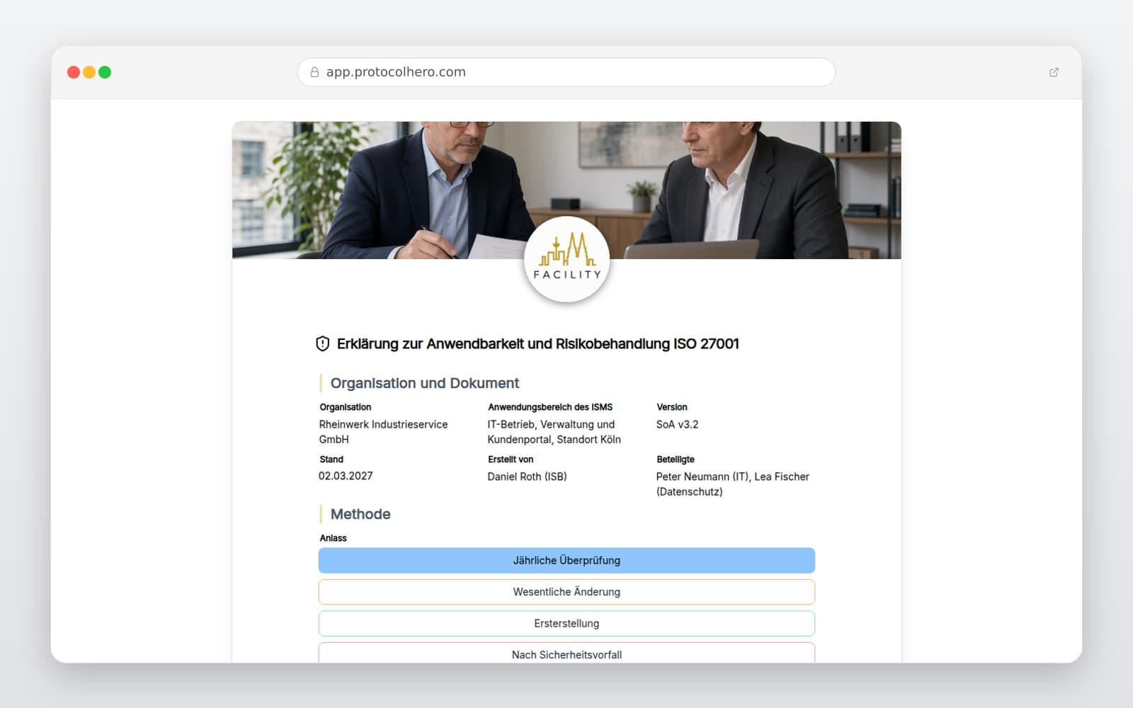 Vorschau der Vorlage „Erklärung zur Anwendbarkeit und Risikobehandlung ISO 27001"