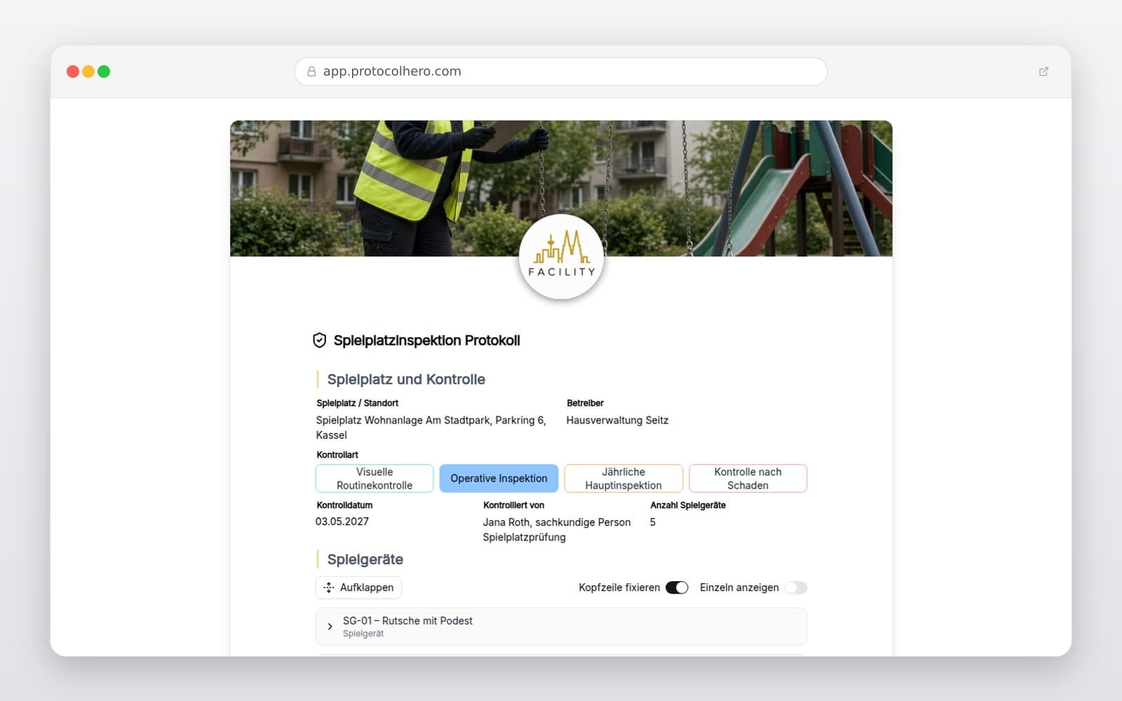 Vorschau der Vorlage „Spielplatzinspektion Protokoll"