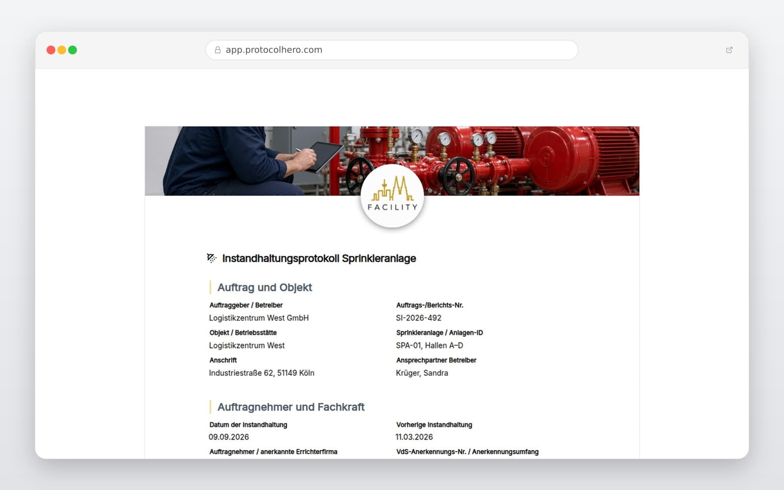 Vorschau der Vorlage „Sprinkleranlage Wartungsprotokoll – Vorlage für VdS-Instandhaltung"