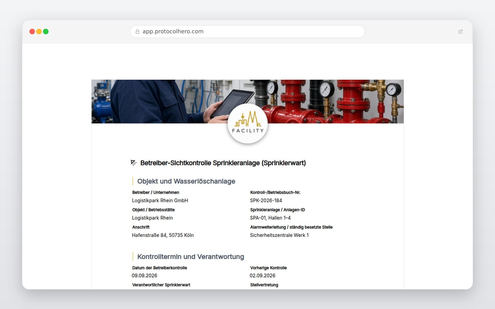 Vorschau der Vorlage „Sprinklerwart Checkliste & Betreiberkontrolle Vorlage"