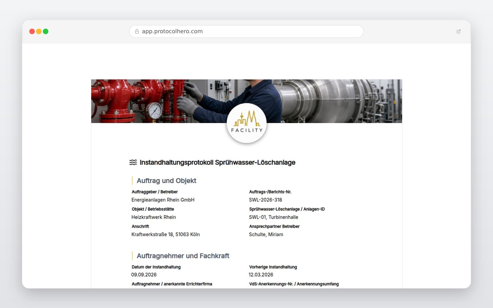 Vorschau der Vorlage „Sprühwasser-Löschanlage Wartungsprotokoll – Vorlage nach VdS 2109"