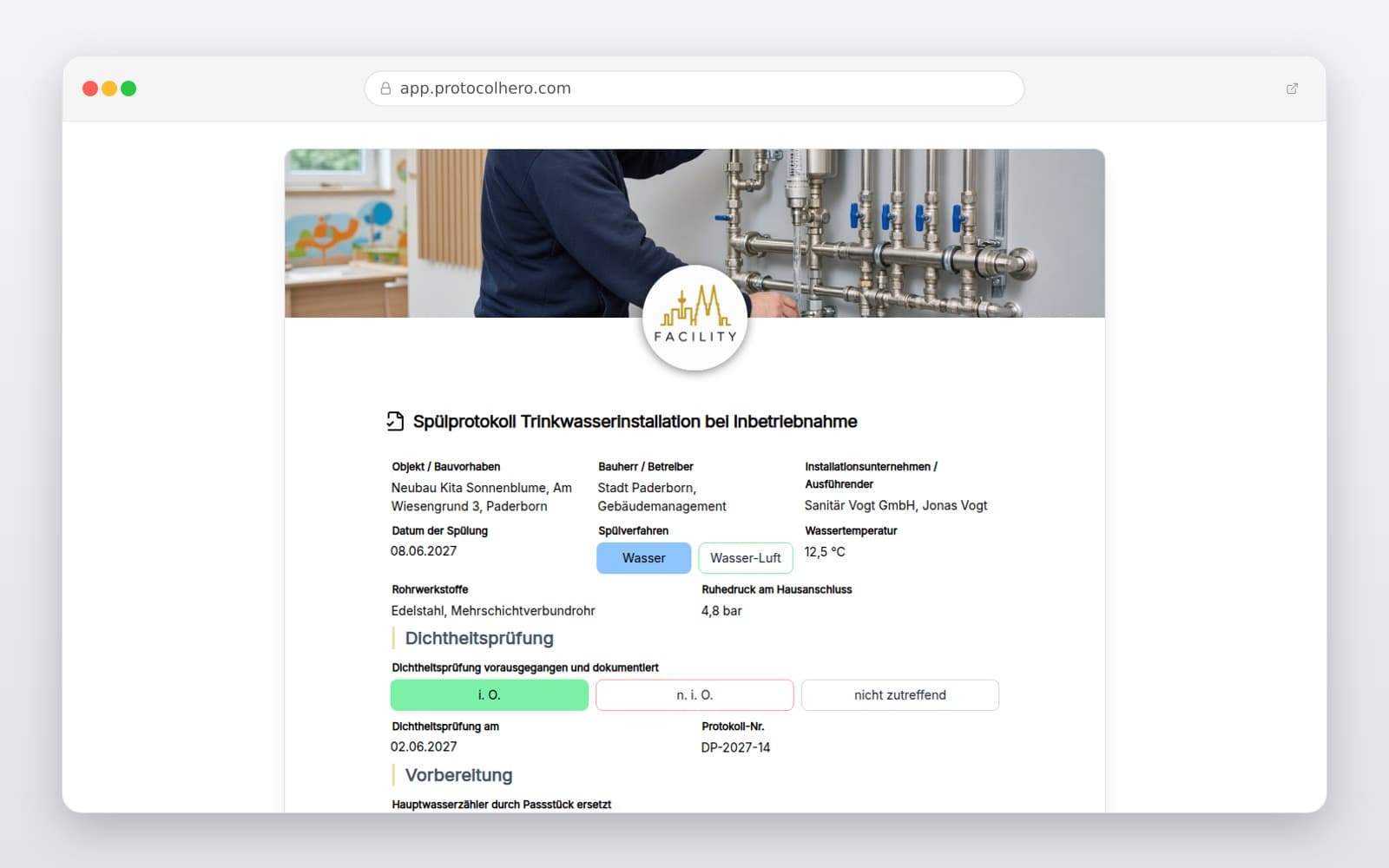 Vorschau der Vorlage „Spülprotokoll Trinkwasserinstallation bei Inbetriebnahme"