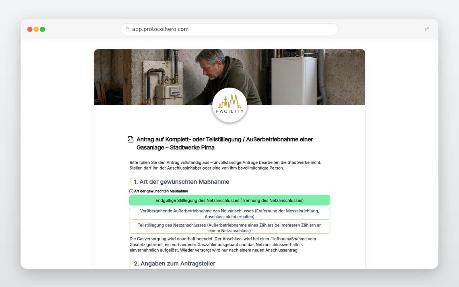 Vorschau der Vorlage „Antrag auf Komplett- oder Teilstilllegung / Außerbetriebnahme einer Gasanlage – Stadtwerke Pirna"