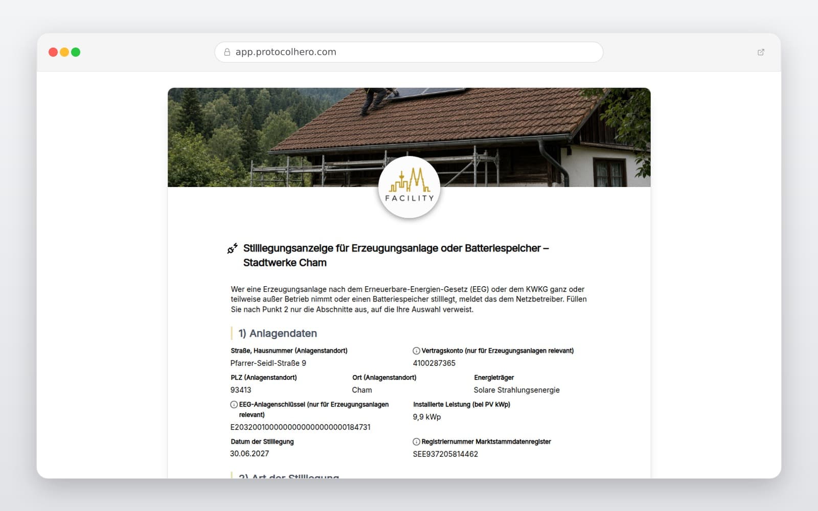 Vorschau der Vorlage „Stilllegungsanzeige für Erzeugungsanlage oder Batteriespeicher – Stadtwerke Cham"