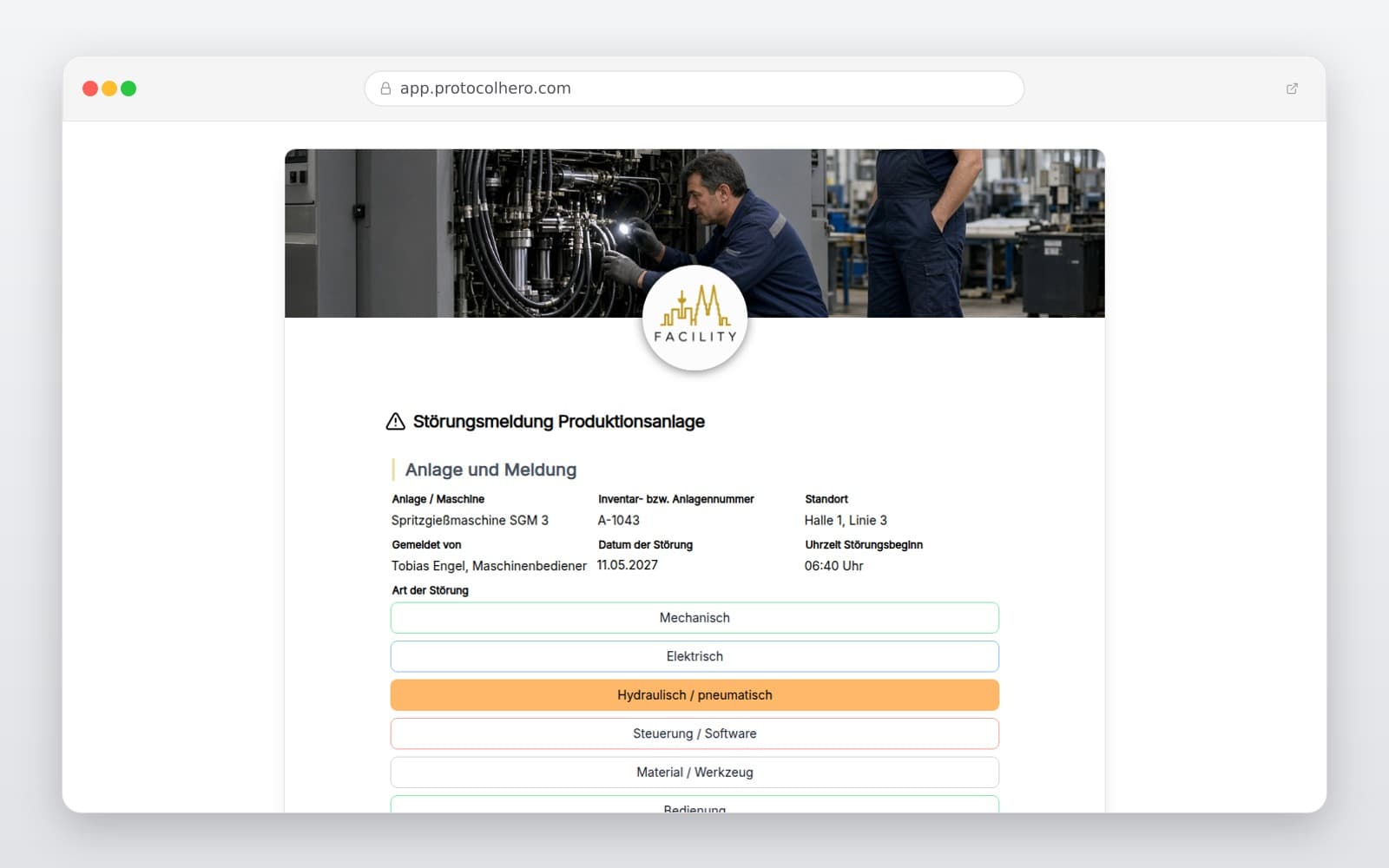 Vorschau der Vorlage „Störungsmeldung Produktionsanlage"