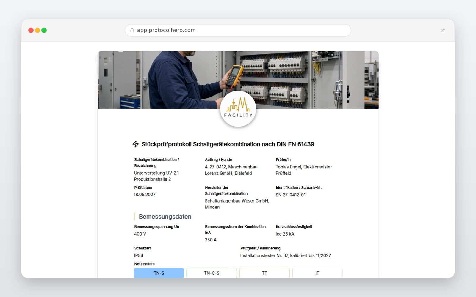 Vorschau der Vorlage „Stückprüfprotokoll Schaltgerätekombination nach DIN EN 61439"
