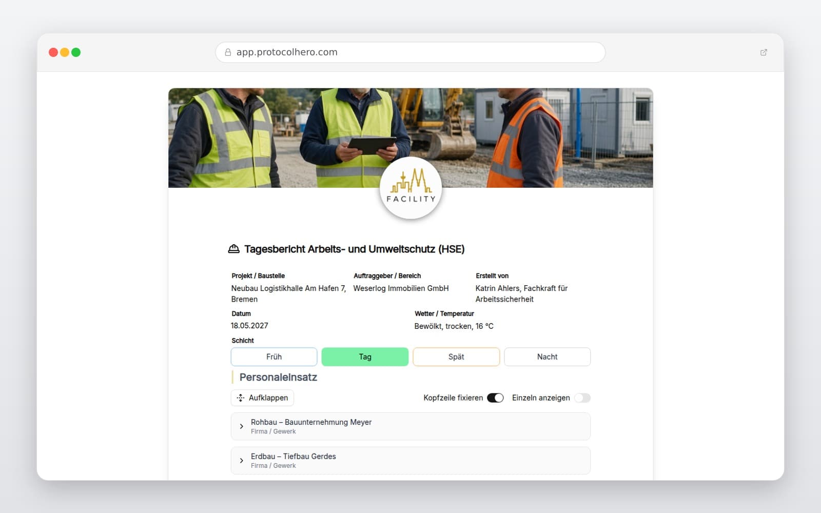 Vorschau der Vorlage „Tagesbericht Arbeits- und Umweltschutz (HSE)"