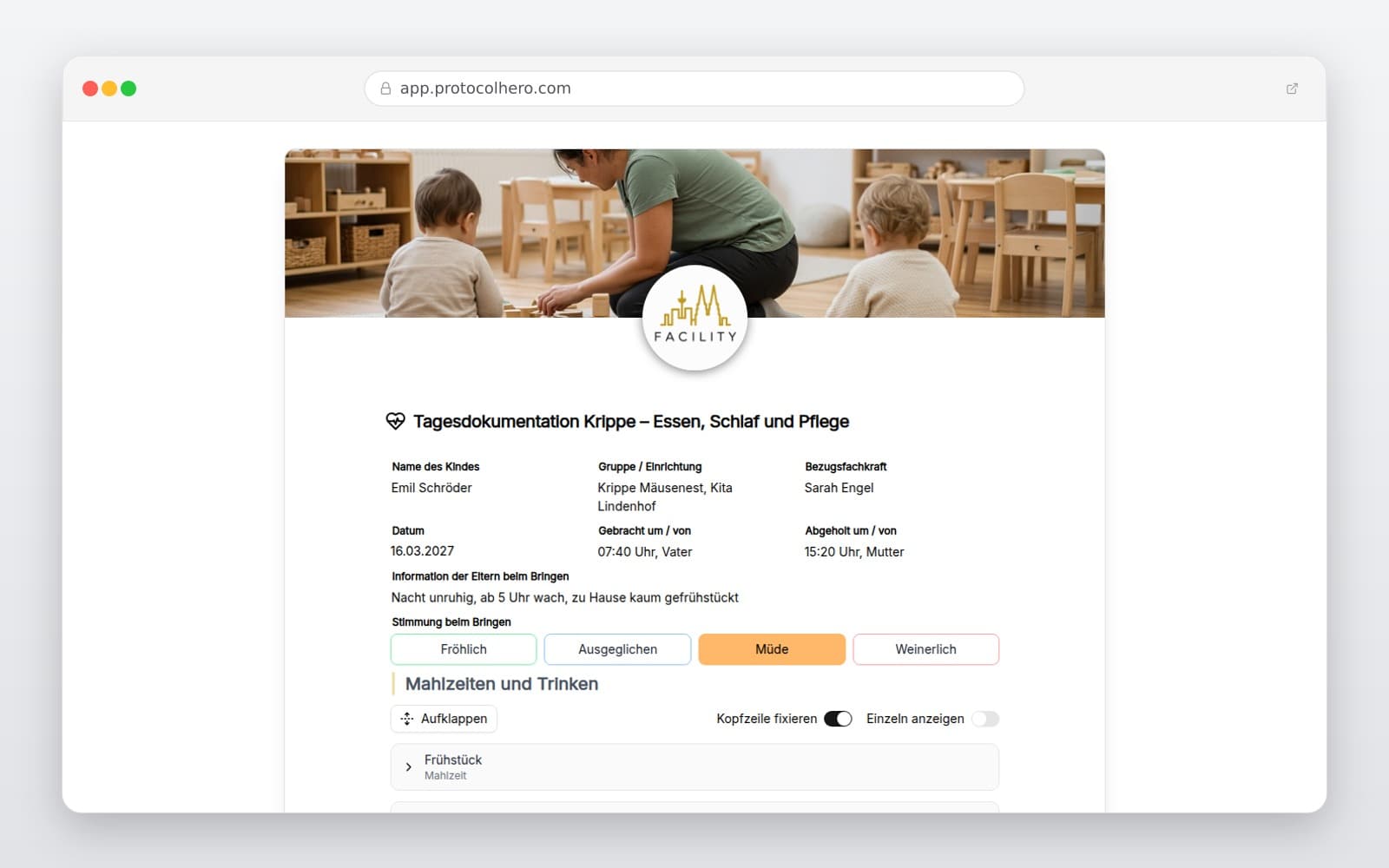 Vorschau der Vorlage „Tagesdokumentation Krippe – Essen, Schlaf und Pflege"