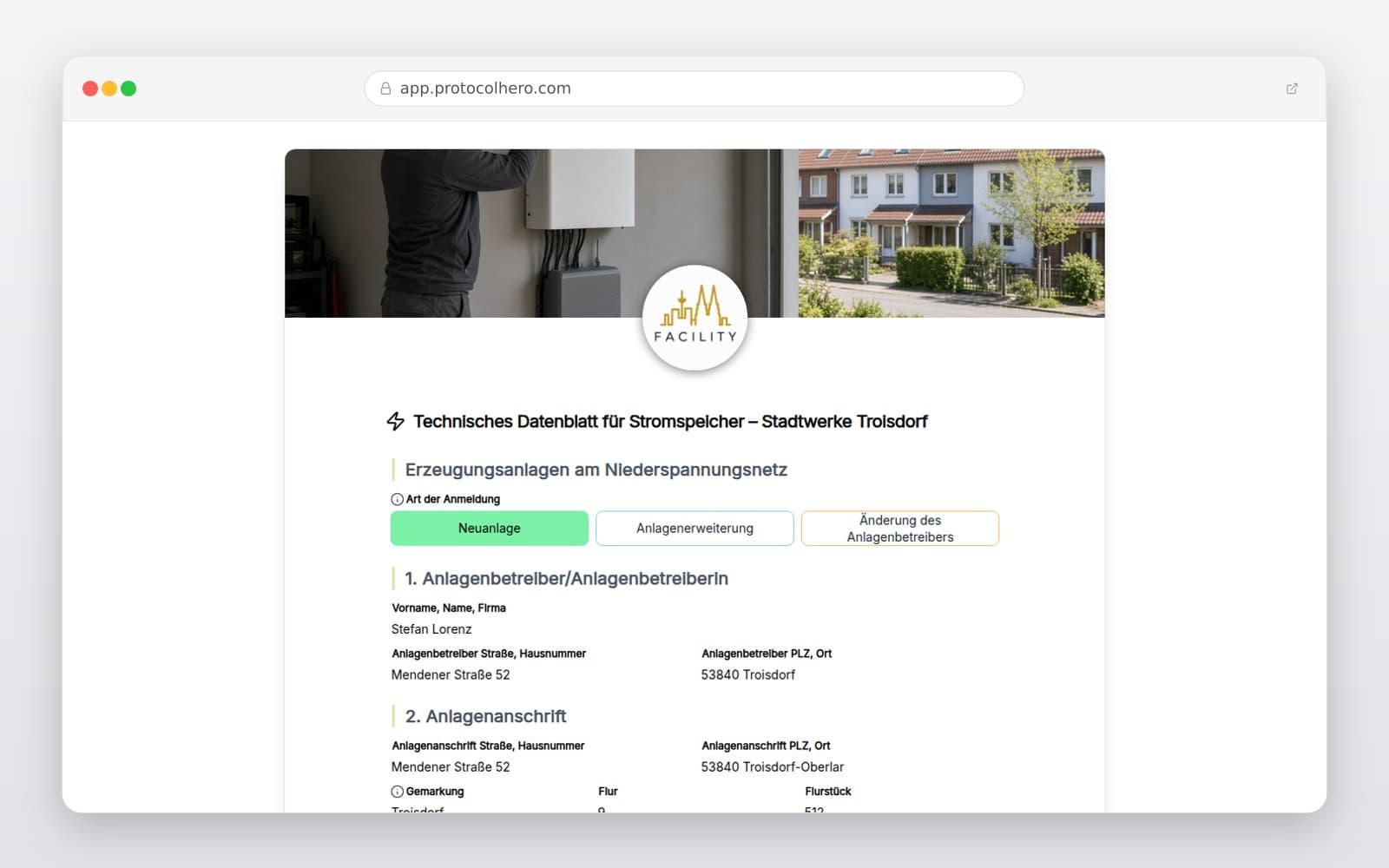 Vorschau der Vorlage „Technisches Datenblatt für Stromspeicher – Stadtwerke Troisdorf"