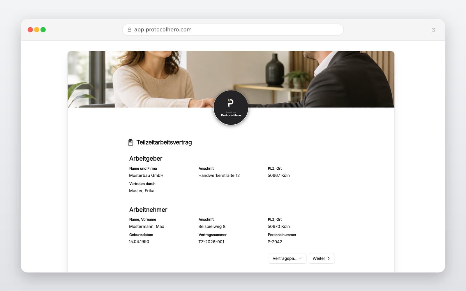 Vorschau der Vorlage „Teilzeitarbeitsvertrag Vorlage – rechtssicher & digital fürs Handwerk"