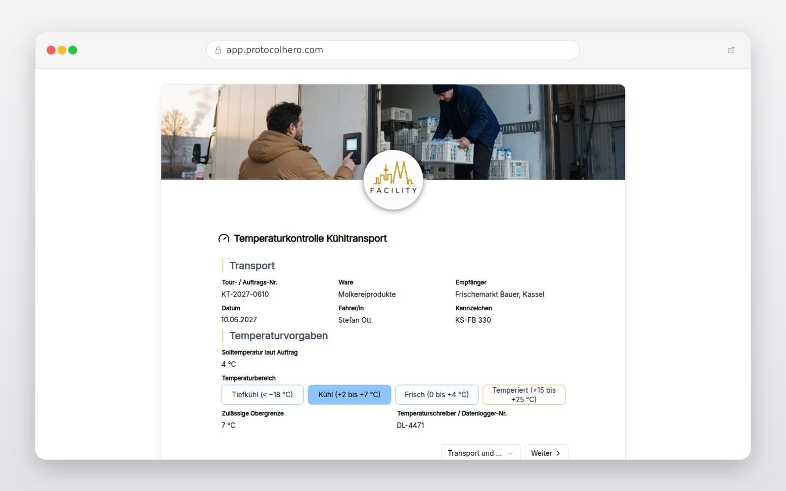 Vorschau der Vorlage „Temperaturkontrolle Kühltransport"