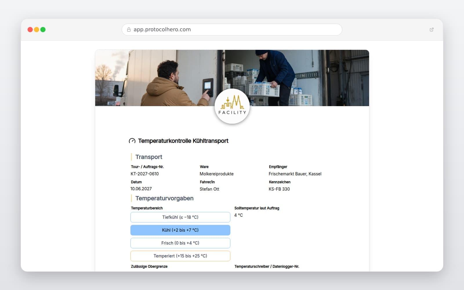 Vorschau der Vorlage „Temperaturkontrolle Kühltransport"