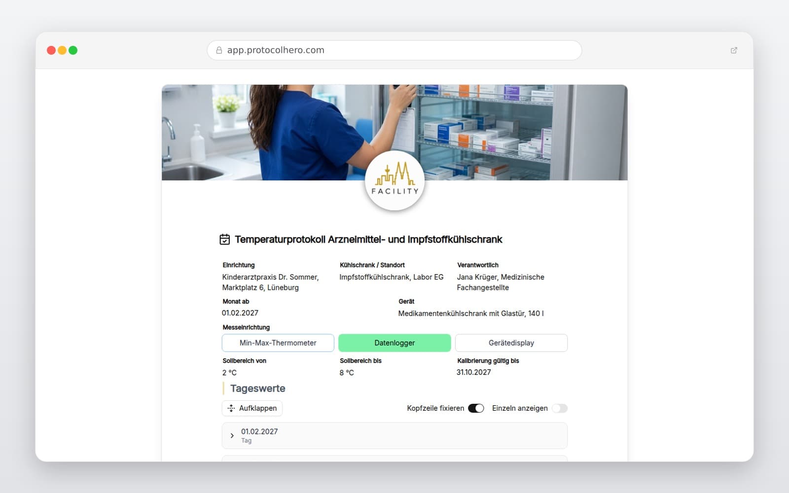 Vorschau der Vorlage „Temperaturprotokoll Arzneimittel- und Impfstoffkühlschrank"