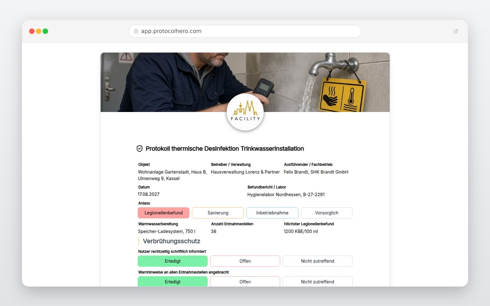 Vorschau der Vorlage „Protokoll thermische Desinfektion Trinkwasserinstallation"