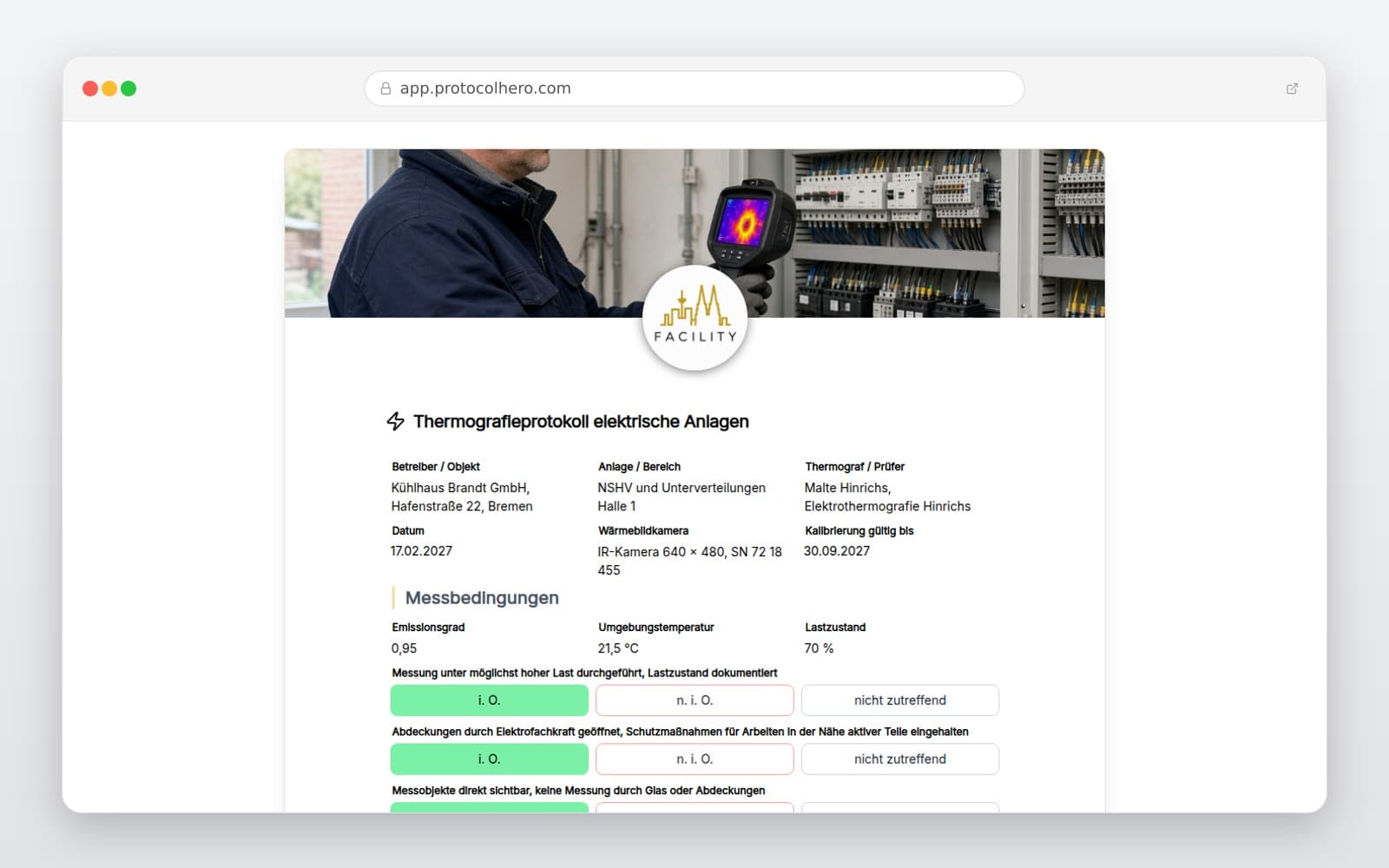 Vorschau der Vorlage „Thermografieprotokoll elektrische Anlagen"