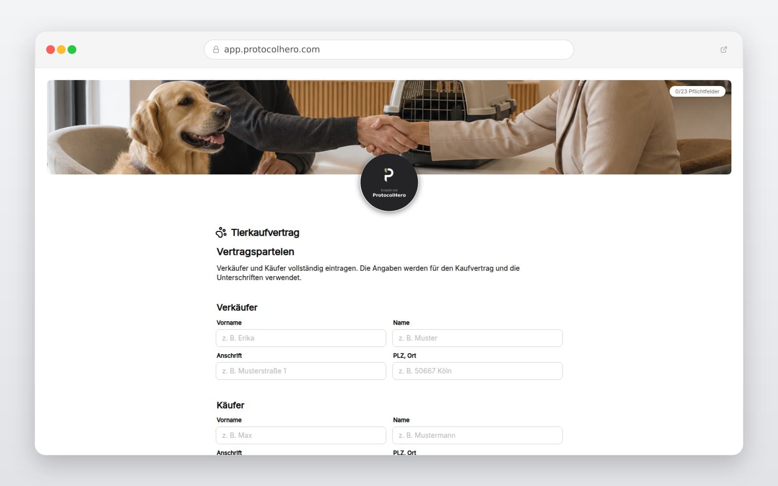 Vorschau der Vorlage „Tierkaufvertrag Vorlage – Kaufvertrag für Hund, Katze & Co."