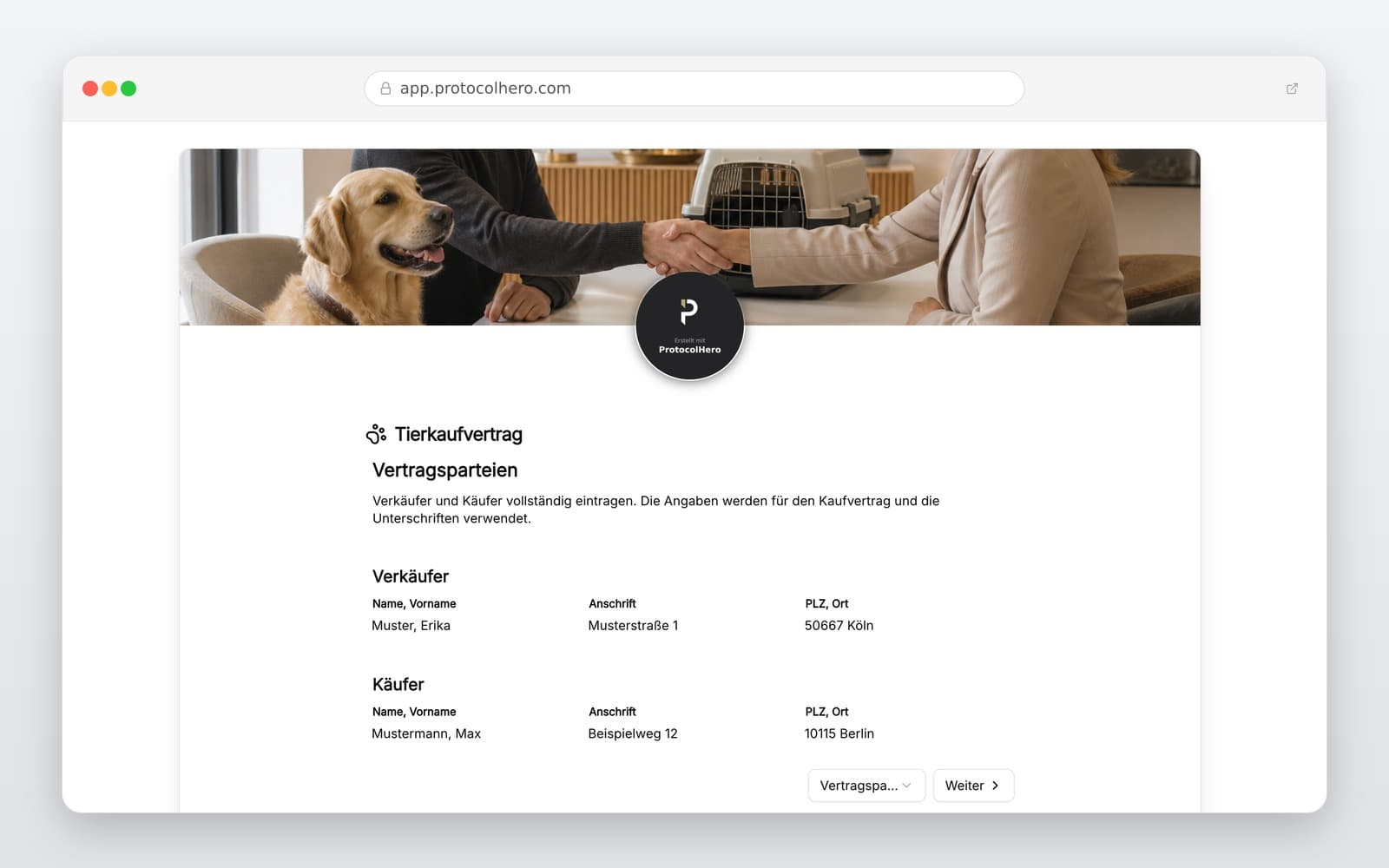 Vorschau der Vorlage „Tierkaufvertrag Vorlage – Kaufvertrag für Hund, Katze & Co."