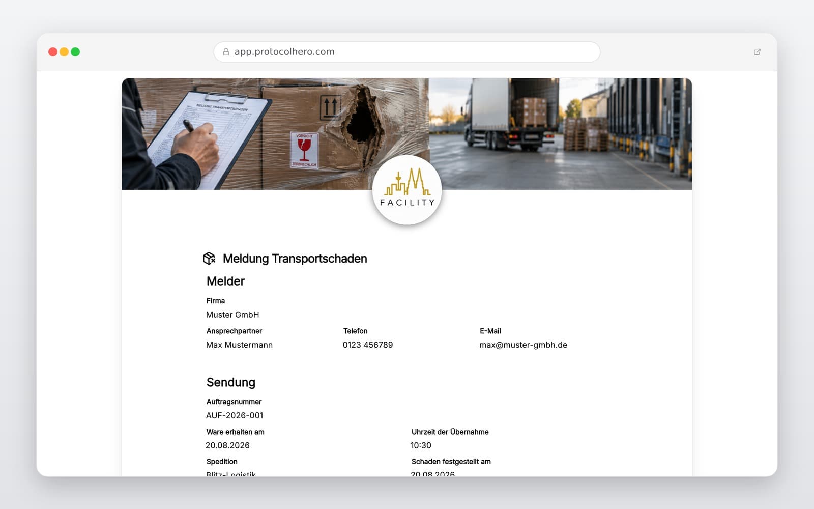 Vorschau der Vorlage „Transportschaden melden – Digitale Schadensmeldung Vorlage"
