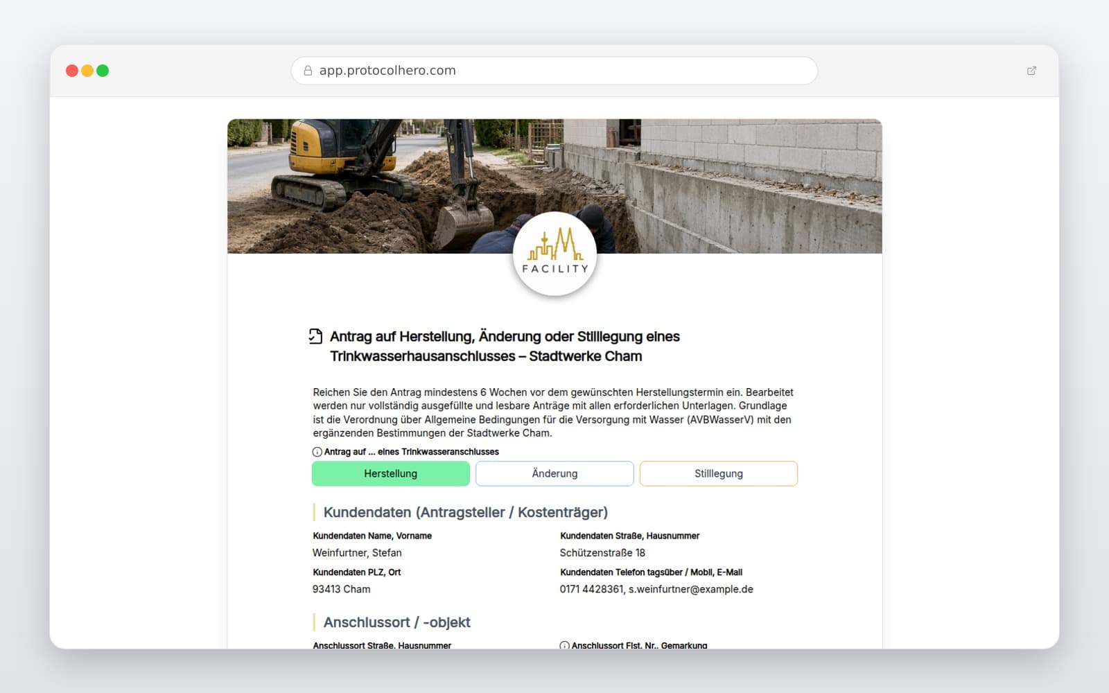 Vorschau der Vorlage „Antrag auf Herstellung, Änderung oder Stilllegung eines Trinkwasserhausanschlusses – Stadtwerke Cham"