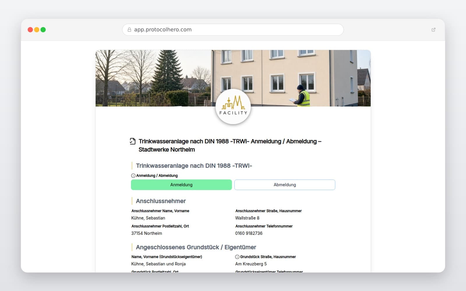 Vorschau der Vorlage „Trinkwasseranlage nach DIN 1988 -TRWI- Anmeldung / Abmeldung – Stadtwerke Northeim"
