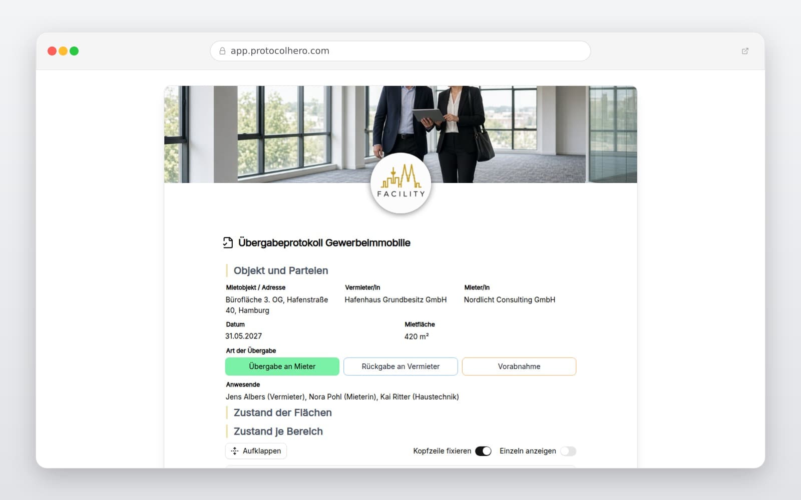 Vorschau der Vorlage „Übergabeprotokoll Gewerbeimmobilie"