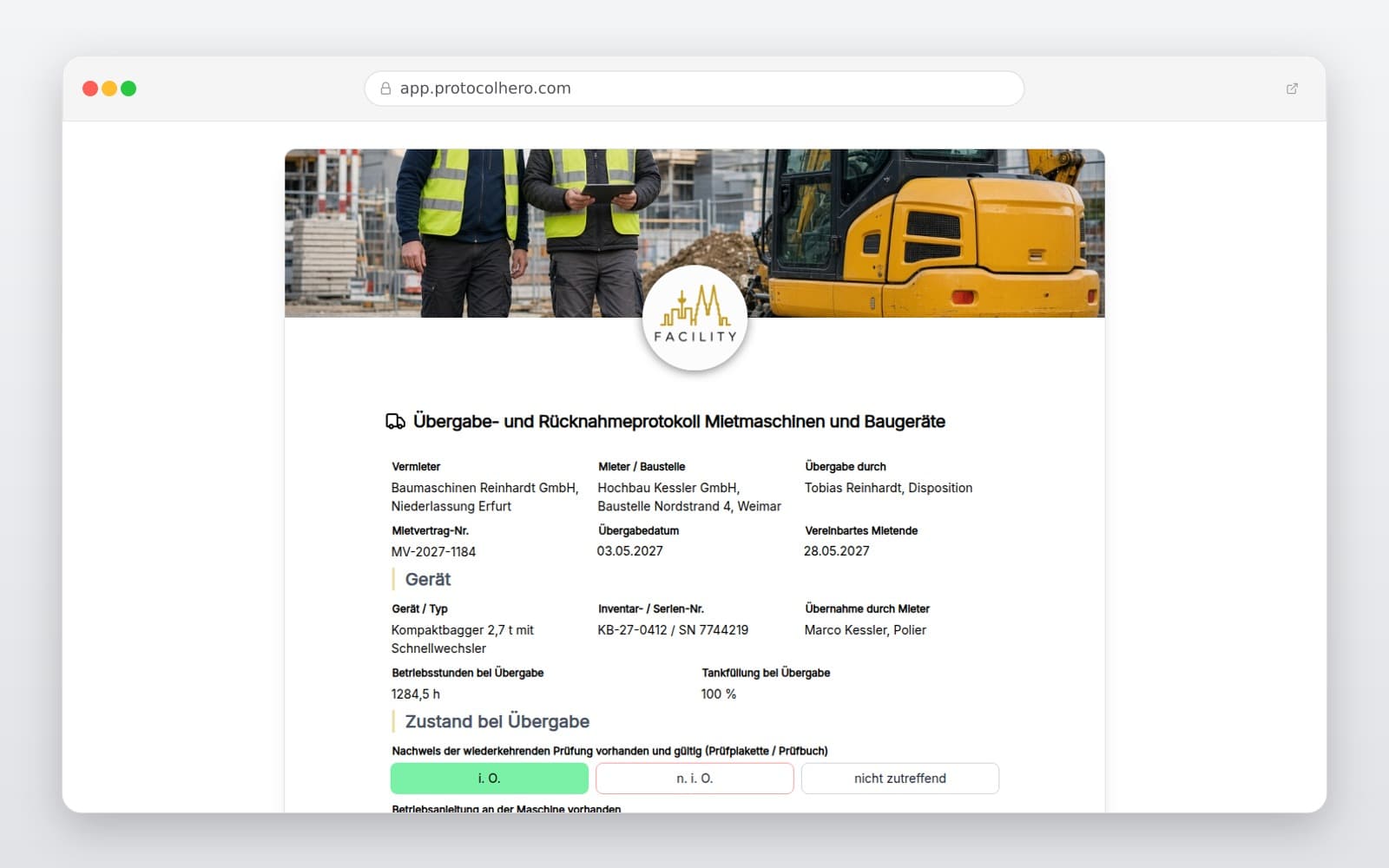 Vorschau der Vorlage „Übergabe- und Rücknahmeprotokoll Mietmaschinen und Baugeräte"