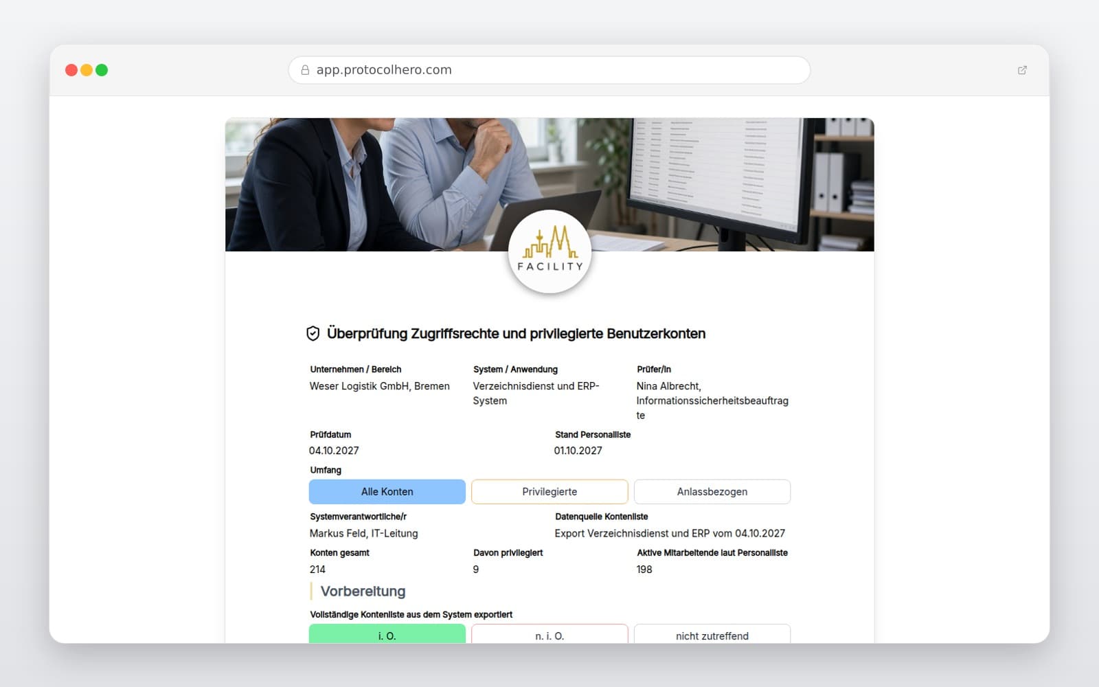 Vorschau der Vorlage „Überprüfung Zugriffsrechte und privilegierte Benutzerkonten"
