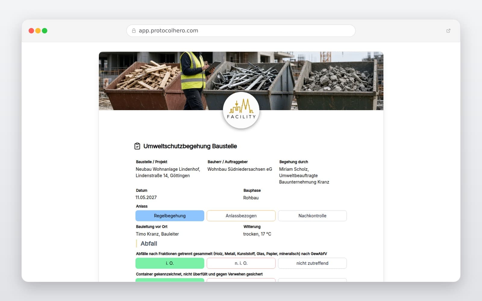 Vorschau der Vorlage „Umweltschutzbegehung Baustelle"